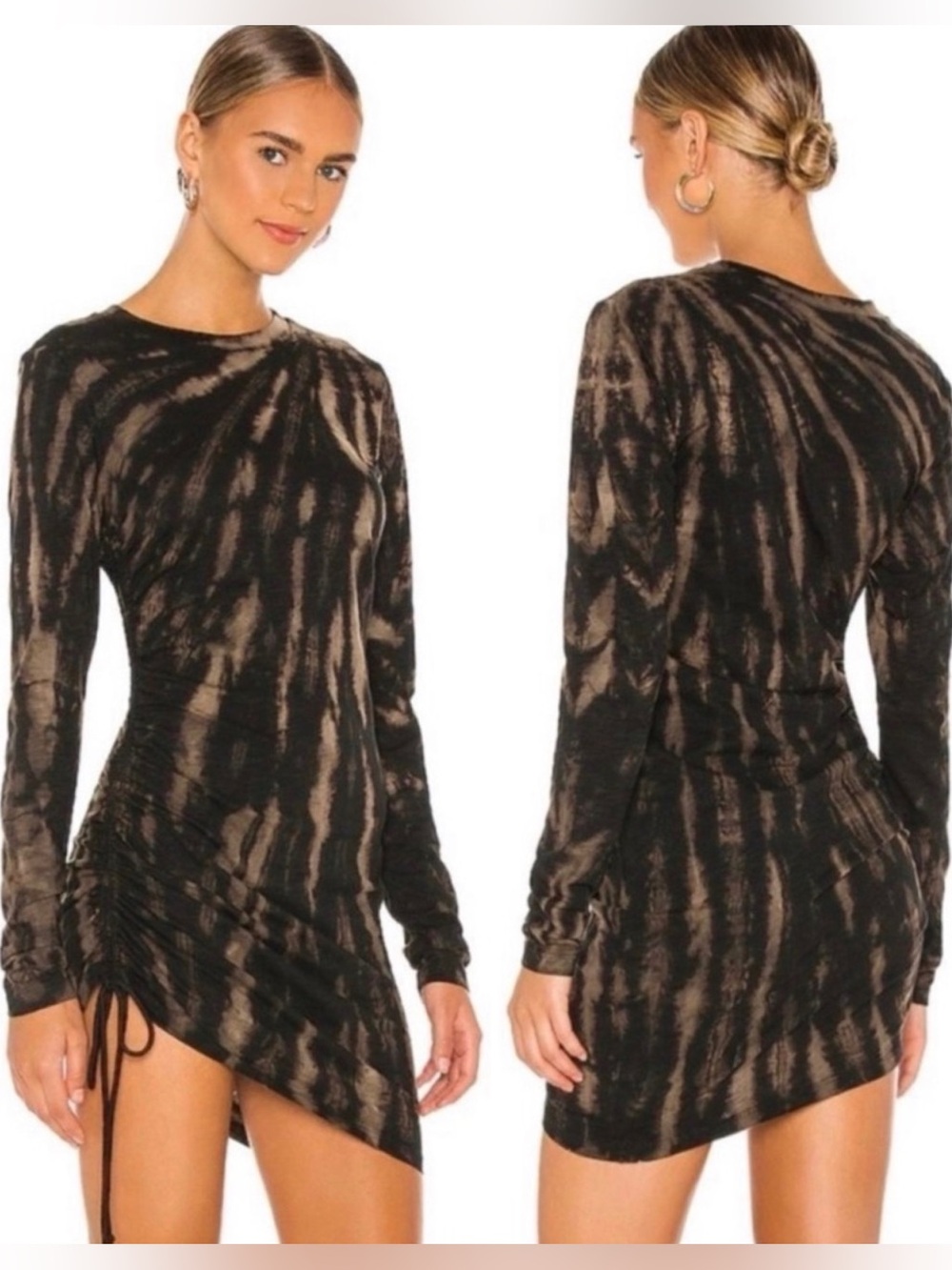Pam & Gela Revolve Tie Dye Twisted Mini Dress Black Grey Cinch Long Sleeve P XS - Picture 2 of 15